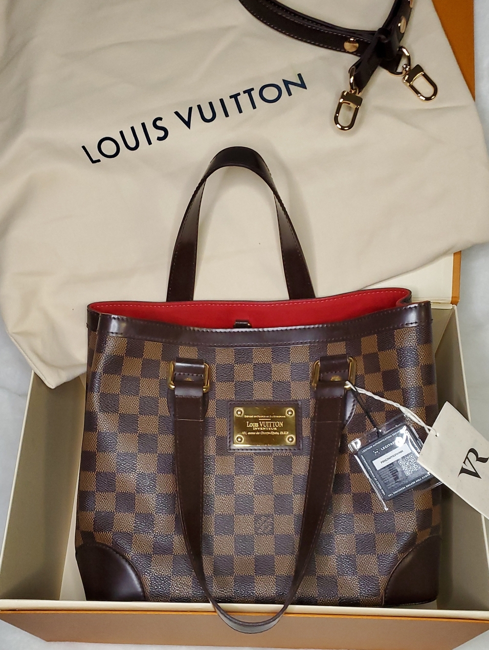 Louis Vuitton Damier Ebene Canvas Tote with Red Interior Trim